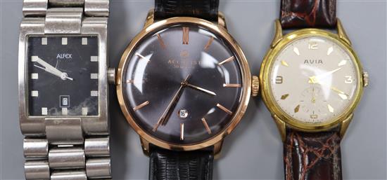 A gentlemans steel and gold plated Avia manual wind wrist watch and two other wrist watches.